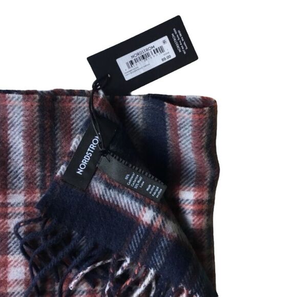 Nordstrom NWT Cashmere & Wool fringe scarf 12"W x 73"L navy blazer magic tartan - Picture 2 of 3